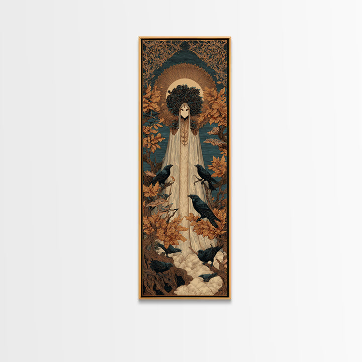 The Mourning Moth Halo - Icon Portrait, Macabre Halloween Art, Tall Narrow Wall Art, Framed Canvas Print, Halloween Home Decor
