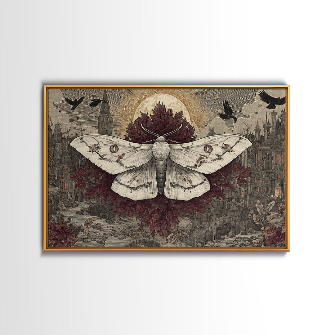 The Mourning Moth Halo - Environmental Panorama, Macabre Halloween Art, Landscape Wall Art, Framed Canvas Print, Halloween Home Decor