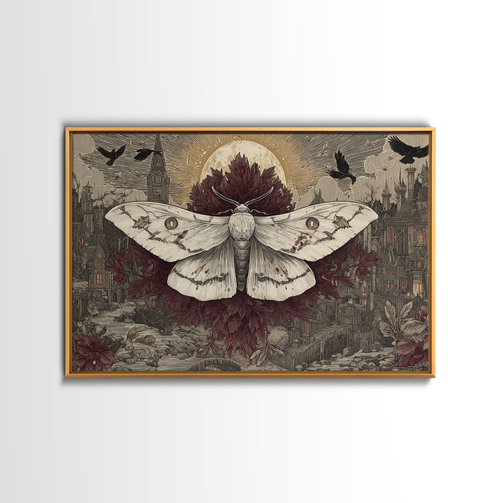 The Mourning Moth Halo - Environmental Panorama, Macabre Halloween Art, Landscape Wall Art, Framed Canvas Print, Halloween Home Decor