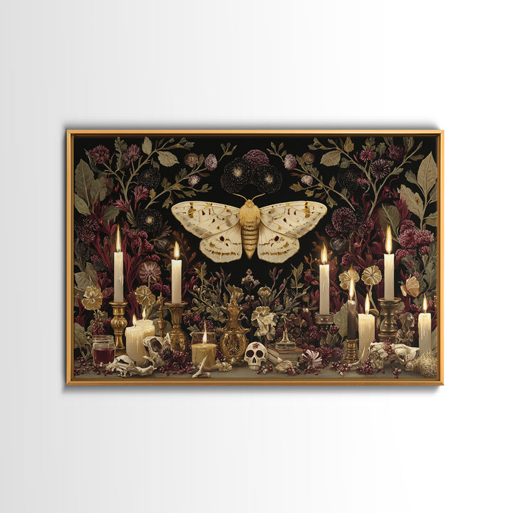 The Mourning Moth Halo - Occult Still Life, Macabre Halloween Art, Landscape Wall Art, Framed Canvas Print, Halloween Home Decor
