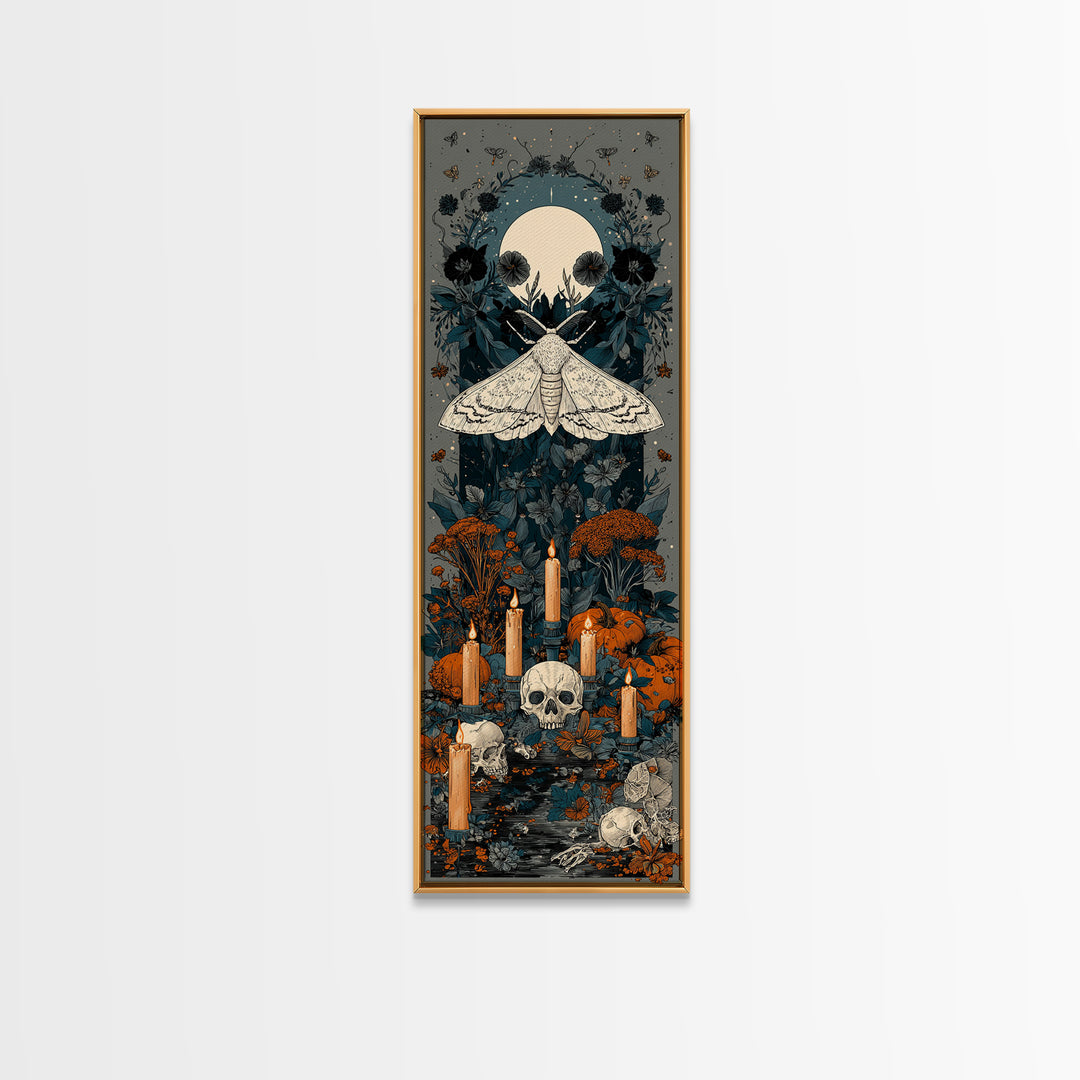 The Mourning Moth Halo - Occult Still Life, Macabre Halloween Art, Tall Narrow Wall Art, Framed Canvas Print, Halloween Home Decor