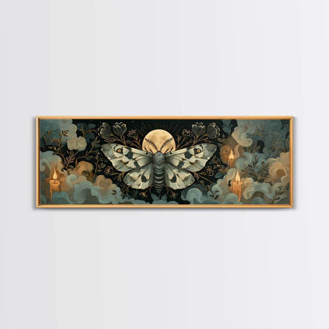 The Mourning Moth Halo - Surreal Celestial Vision, Gothic Home Decor, Extra Wide Wall Art, Canvas Print, Halloween Home Decor