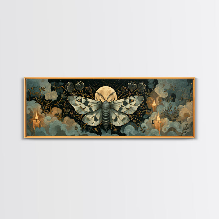 The Mourning Moth Halo - Surreal Celestial Vision, Gothic Home Decor, Extra Wide Wall Art, Canvas Print, Halloween Home Decor