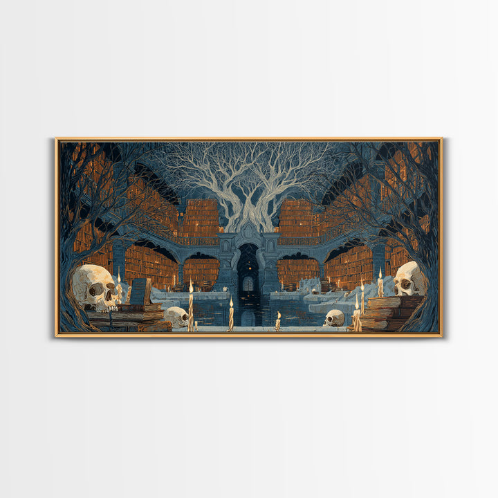The Catacomb Library - Icon Portrait, Spooky Wall Decor, Wide Panoramic Art, Framed Canvas Print, Halloween Home Decor, Gothic Wall Art