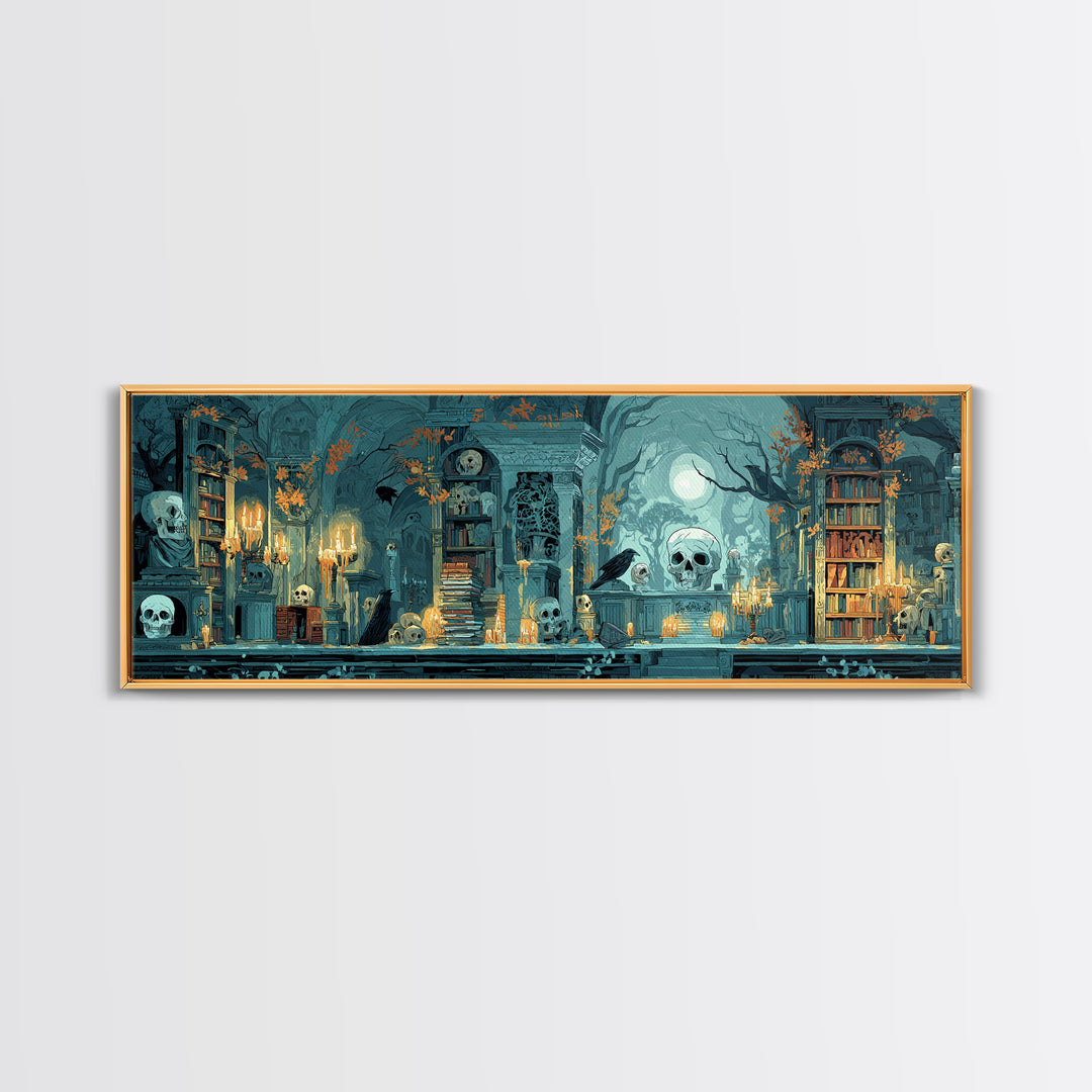 The Catacomb Library - Icon Portrait, Spooky Wall Decor, Extra Wide Wall Art, Framed Canvas Print, Halloween Home Decor, Gothic Wall Art