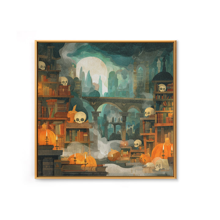 The Catacomb Library - Environmental Panorama, Macabre Halloween Art, Square Wall Art, Framed Canvas Print, Halloween Home Decor