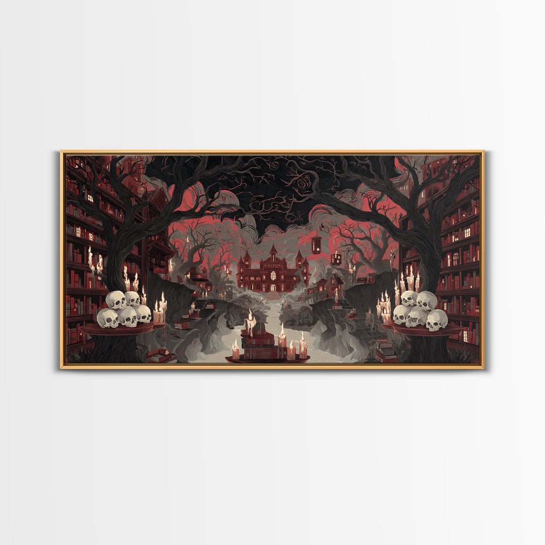 The Catacomb Library - Environmental Panorama, Macabre Halloween Art, Wide Panoramic Art, Framed Canvas Print, Halloween Home Decor