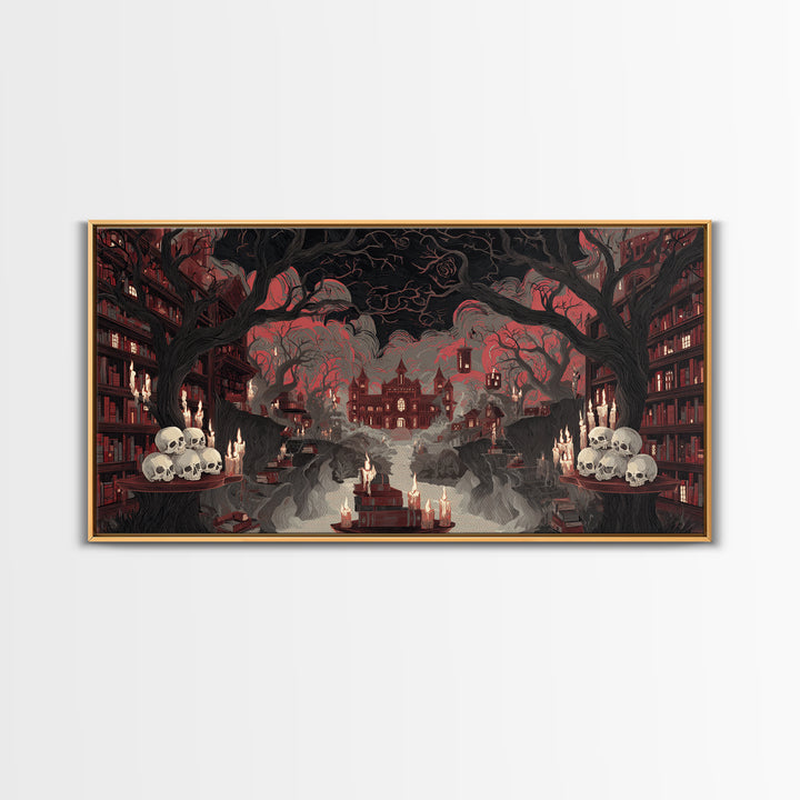 The Catacomb Library - Environmental Panorama, Macabre Halloween Art, Wide Panoramic Art, Framed Canvas Print, Halloween Home Decor