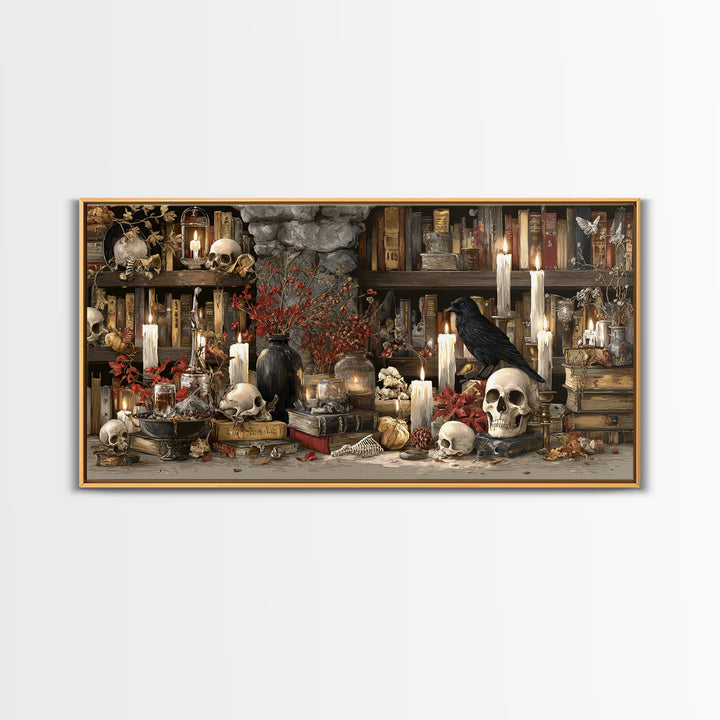 The Catacomb Library - Occult Still Life, Halloween Wall Art, Wide Panoramic Art, Framed Canvas Print, Halloween Home Decor, Gothic Wall Art