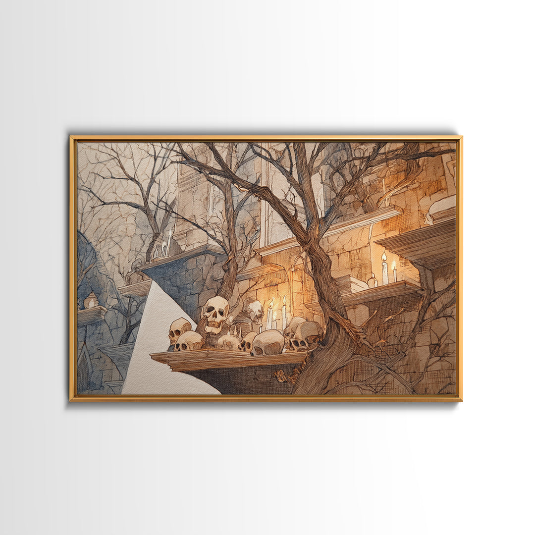 The Catacomb Library - Procession Scene, Spooky Wall Decor, Landscape Wall Art, Framed Canvas Print, Halloween Home Decor, Gothic Wall Art