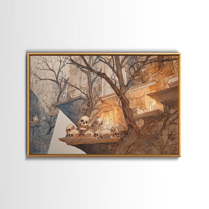 The Catacomb Library - Procession Scene, Spooky Wall Decor, Landscape Wall Art, Framed Canvas Print, Halloween Home Decor, Gothic Wall Art