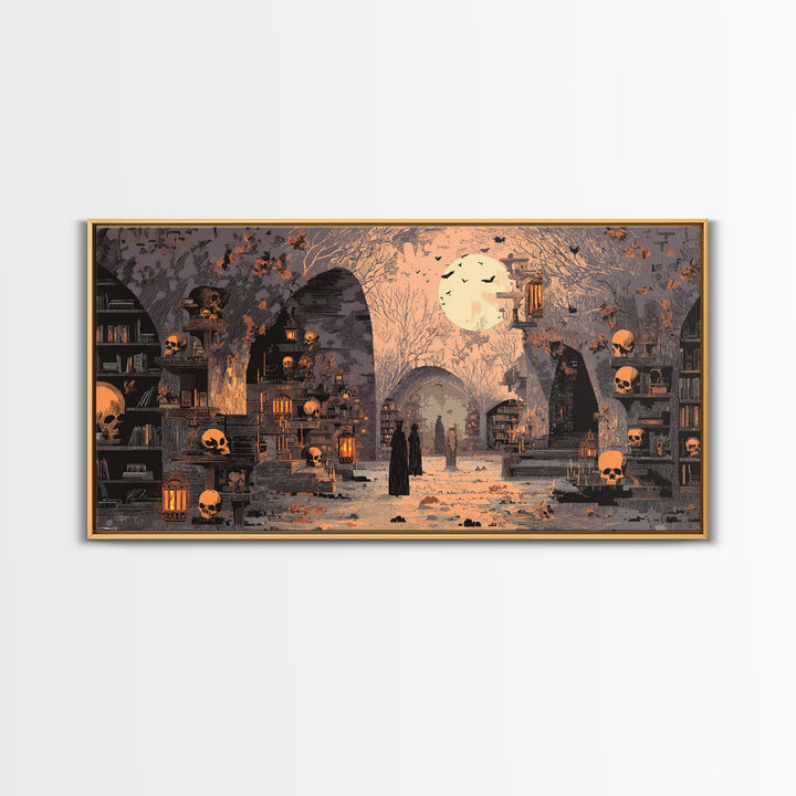 The Catacomb Library - Procession Scene, Occult Wall Decor, Wide Panoramic Art, Canvas Print, Halloween Home Decor, Gothic Wall Art