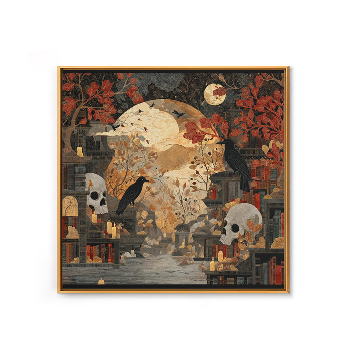The Catacomb Library - Surreal Celestial Vision, Macabre Halloween Art, Square Wall Art, Framed Canvas Print, Halloween Home Decor