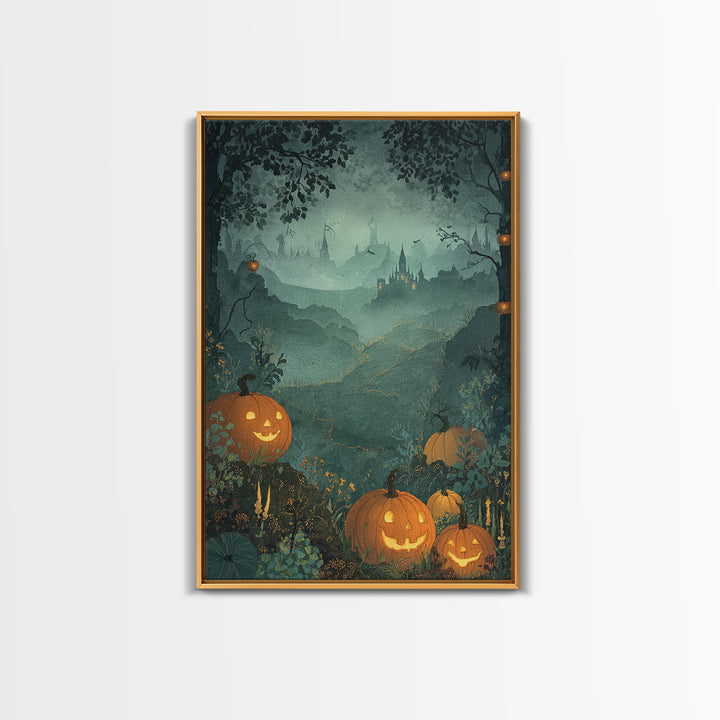 The Jack-O-Lantern Crown Jewels - Environmental Panorama, Spooky Wall Decor, Vertical Wall Art, Framed Canvas Print, Halloween Home Decor