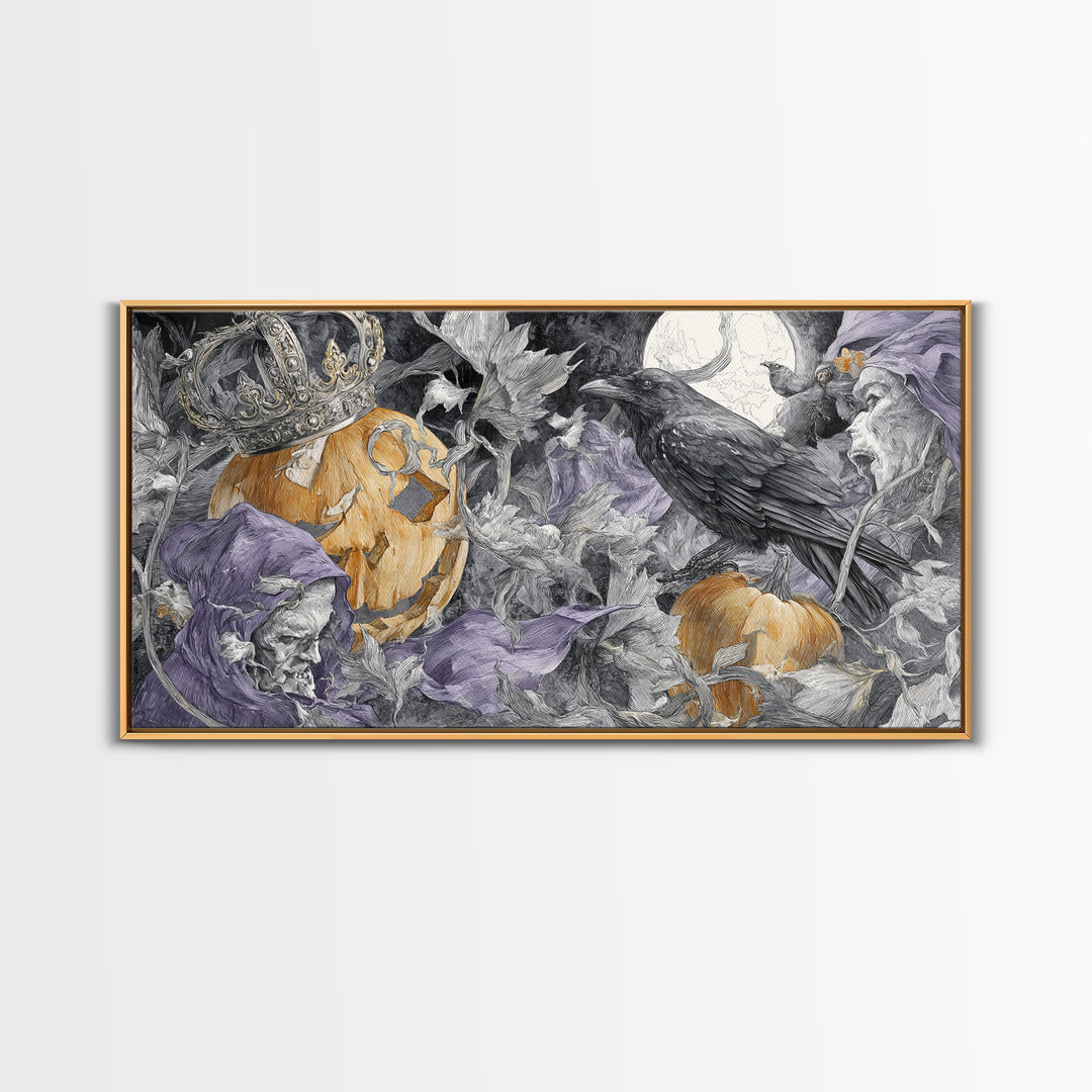 The Jack-O-Lantern Crown Jewels - Procession Scene, Spooky Wall Decor, Wide Panoramic Art, Framed Canvas Print, Halloween Home Decor