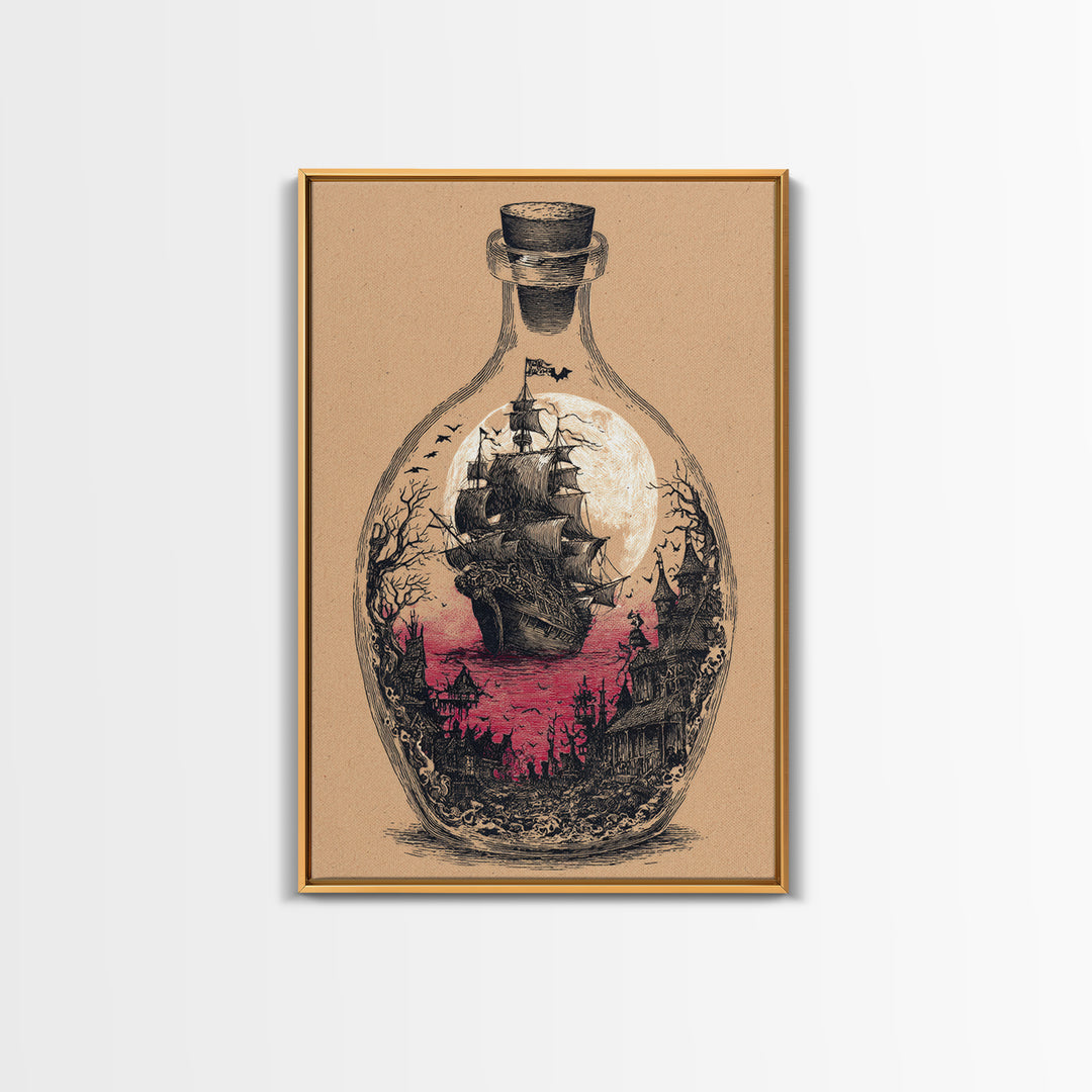 The Ghost Ship In A Bottle - Icon Portrait, Spooky Wall Decor, Vertical Wall Art, Framed Canvas Print, Halloween Home Decor, Gothic Wall Art