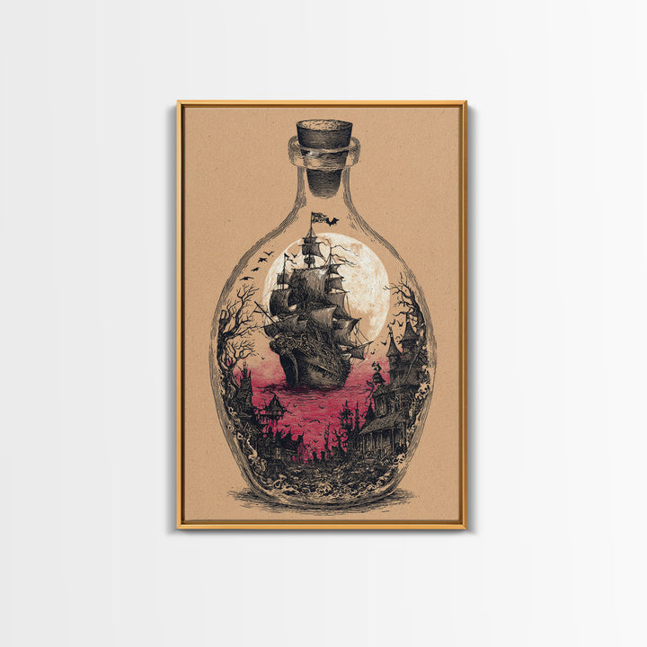 The Ghost Ship In A Bottle - Icon Portrait, Spooky Wall Decor, Vertical Wall Art, Framed Canvas Print, Halloween Home Decor, Gothic Wall Art
