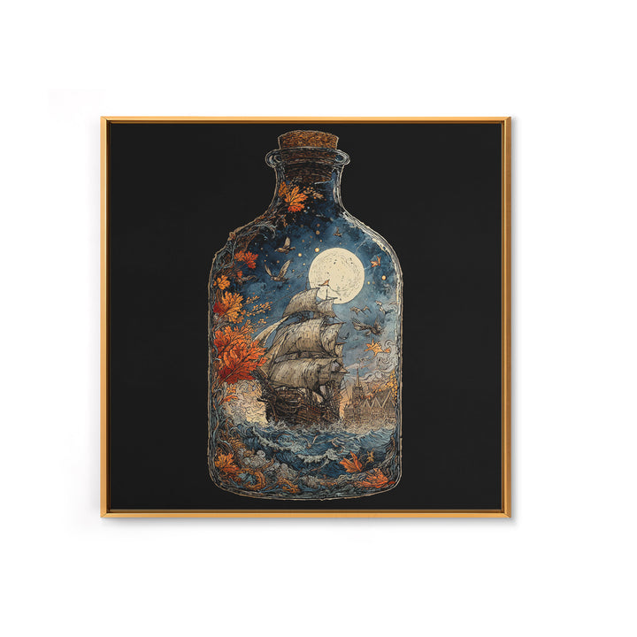 The Ghost Ship In A Bottle - Icon Portrait, Macabre Halloween Art, Square Wall Art, Framed Canvas Print, Halloween Home Decor