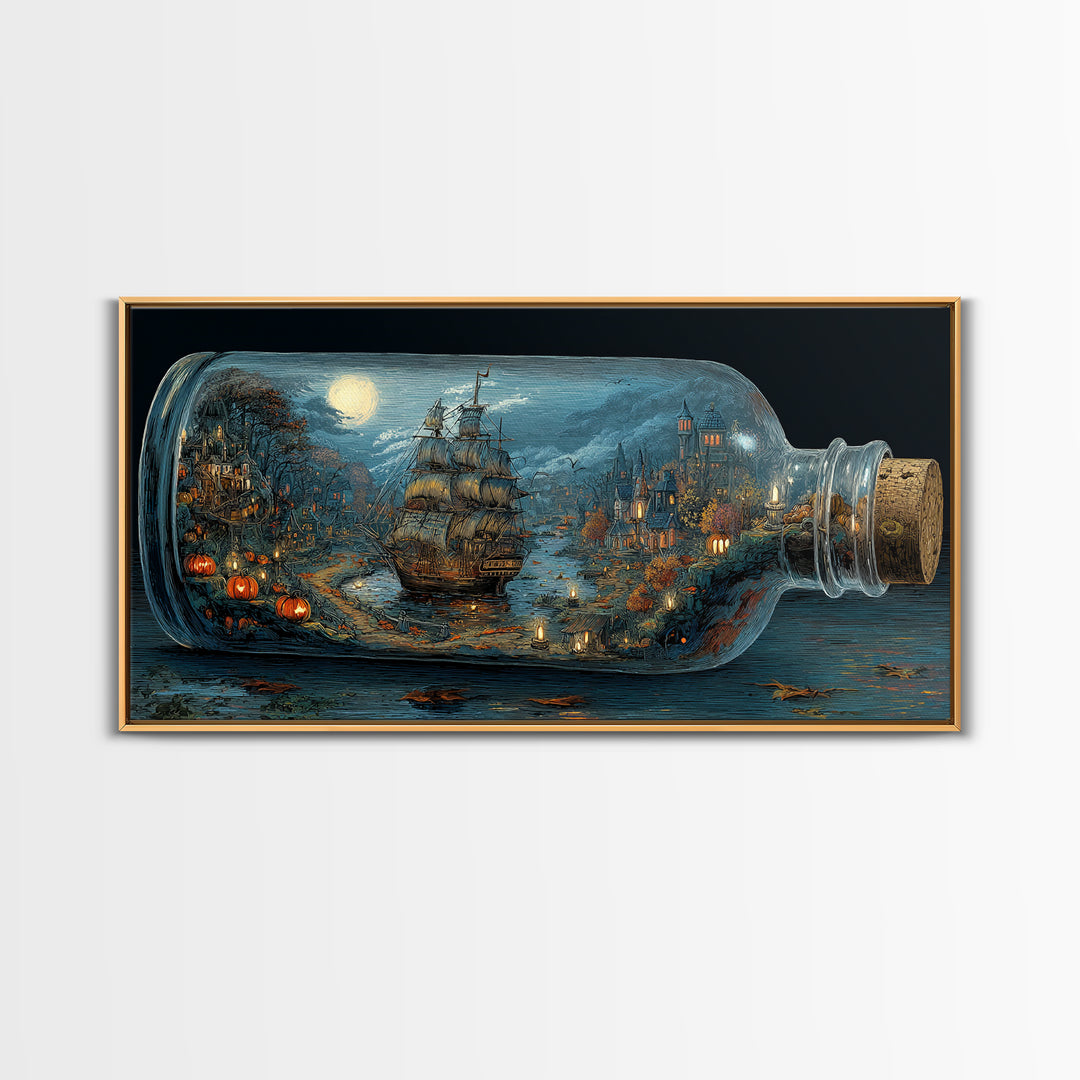 The Ghost Ship In A Bottle - Environmental Panorama, Gothic Home Decor, Wide Panoramic Art, Canvas Print, Halloween Home Decor