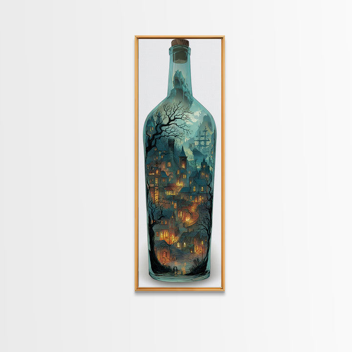 The Ghost Ship In A Bottle - Environmental Panorama, Spooky Wall Decor, Tall Narrow Wall Art, Framed Canvas Print, Halloween Home Decor