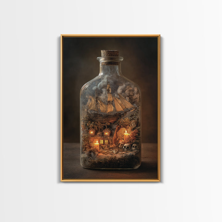 The Ghost Ship In A Bottle - Occult Still Life, Dark Fantasy Wall Art, Vertical Wall Art, Canvas Print, Halloween Home Decor