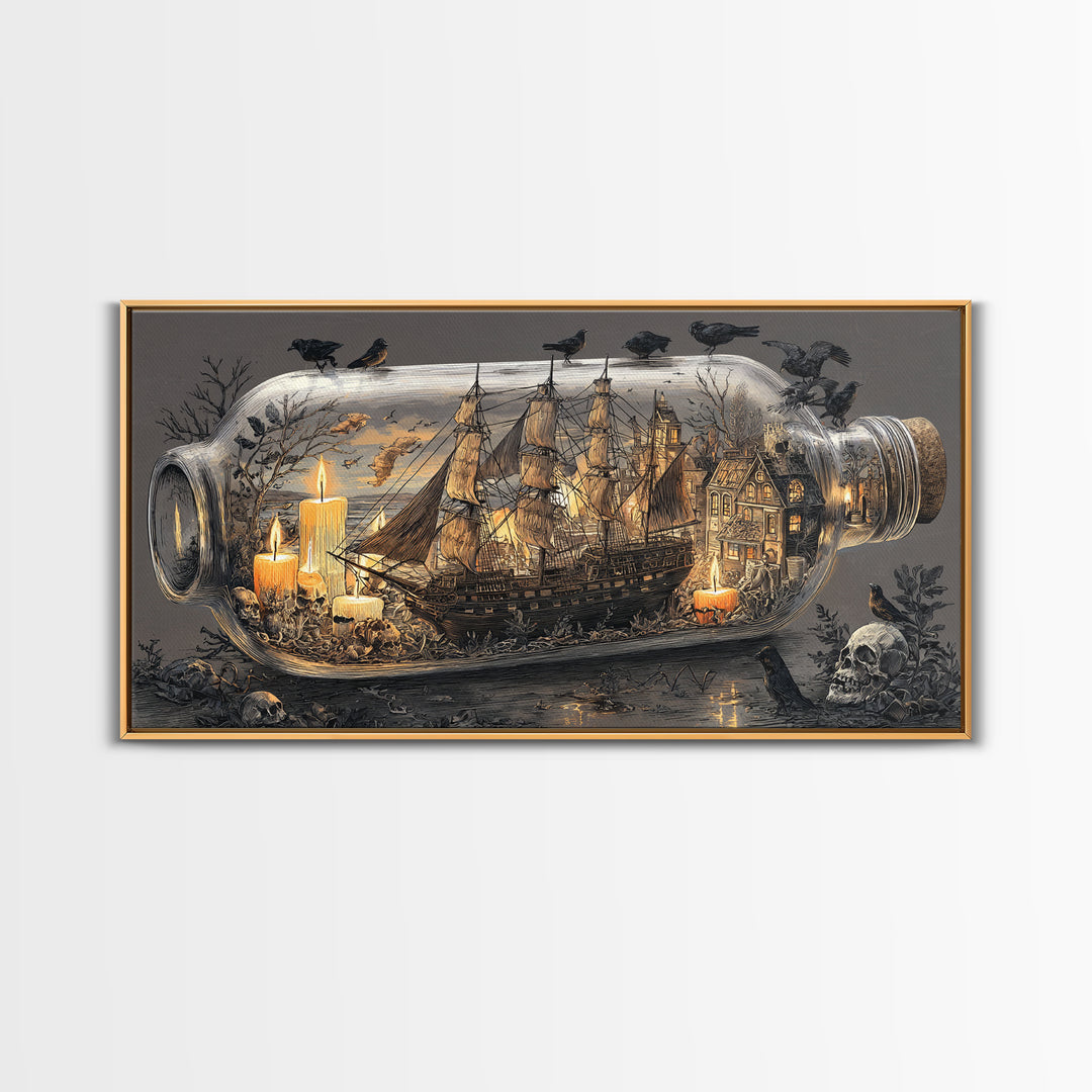 The Ghost Ship In A Bottle - Occult Still Life, Spooky Wall Decor, Wide Panoramic Art, Framed Canvas Print, Halloween Home Decor
