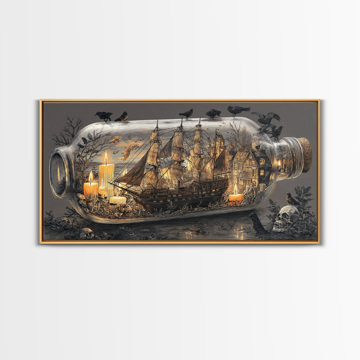 The Ghost Ship In A Bottle - Occult Still Life, Spooky Wall Decor, Wide Panoramic Art, Framed Canvas Print, Halloween Home Decor