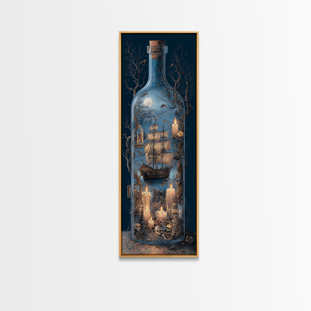 The Ghost Ship In A Bottle - Occult Still Life, Occult Wall Decor, Tall Narrow Wall Art, Canvas Print, Halloween Home Decor, Gothic Wall Art