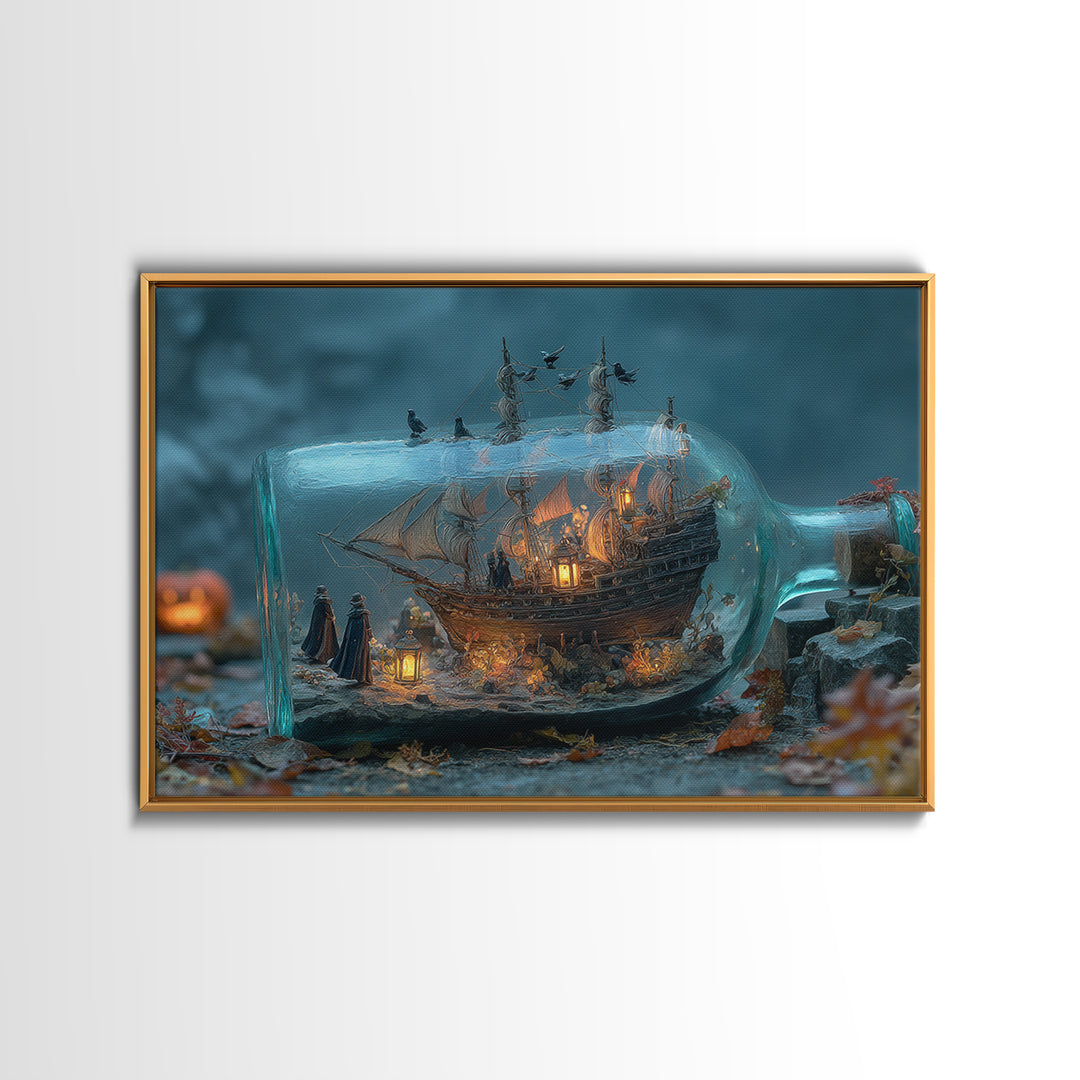 The Ghost Ship In A Bottle - Procession Scene, Dark Fantasy Wall Art, Landscape Wall Art, Canvas Print, Halloween Home Decor