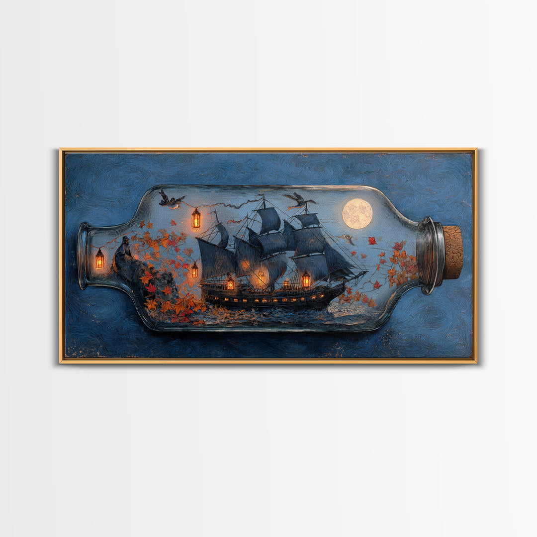 The Ghost Ship In A Bottle - Procession Scene, Occult Wall Decor, Wide Panoramic Art, Canvas Print, Halloween Home Decor, Gothic Wall Art