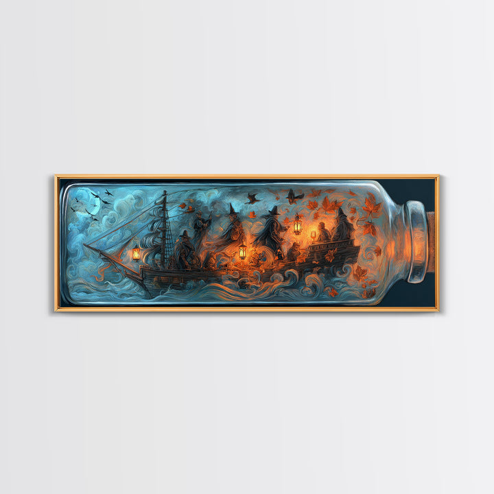 The Ghost Ship In A Bottle - Procession Scene, Halloween Wall Art, Extra Wide Wall Art, Framed Canvas Print, Halloween Home Decor