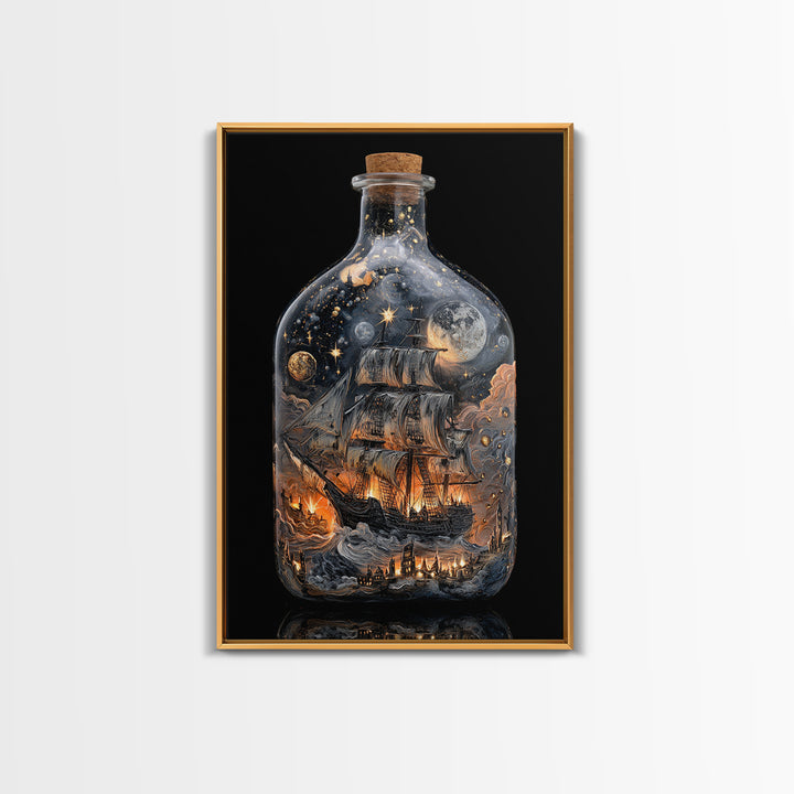 The Ghost Ship In A Bottle - Surreal Celestial Vision, Spooky Wall Decor, Vertical Wall Art, Framed Canvas Print, Halloween Home Decor