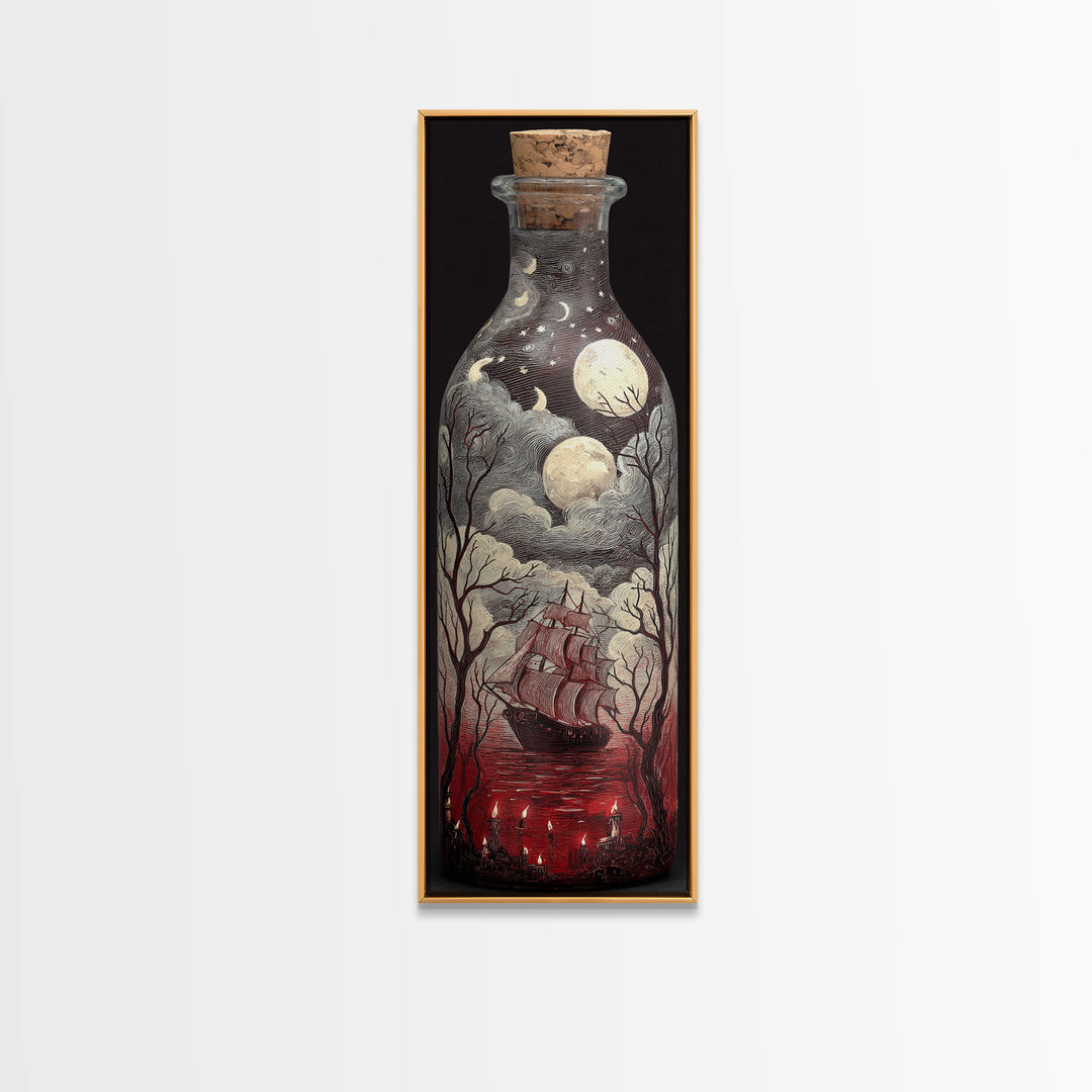 The Ghost Ship In A Bottle - Surreal Celestial Vision, Halloween Wall Art, Tall Narrow Wall Art, Framed Canvas Print, Halloween Home Decor