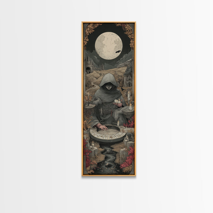 The Harvest Moon Tarot Reader - Environmental Panorama, Dark Fantasy Wall Art, Tall Narrow Wall Art, Canvas Print, Halloween Home Decor