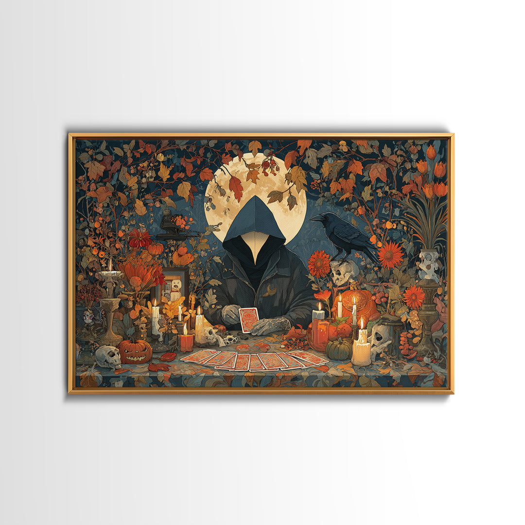 The Harvest Moon Tarot Reader - Occult Still Life, Occult Wall Decor, Landscape Wall Art, Canvas Print, Halloween Home Decor