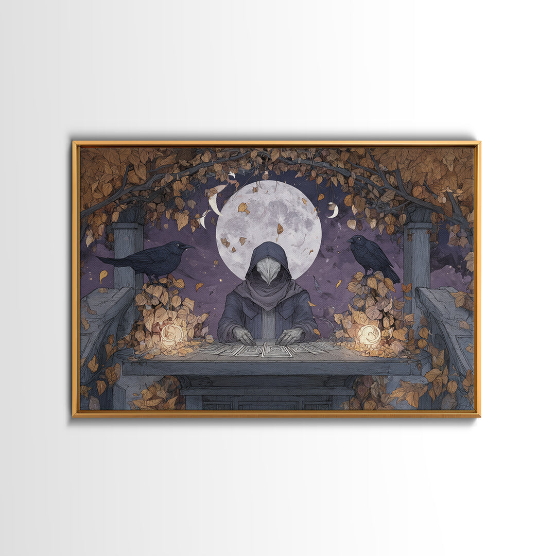 The Harvest Moon Tarot Reader - Surreal Celestial Vision, Occult Wall Decor, Landscape Wall Art, Canvas Print, Halloween Home Decor