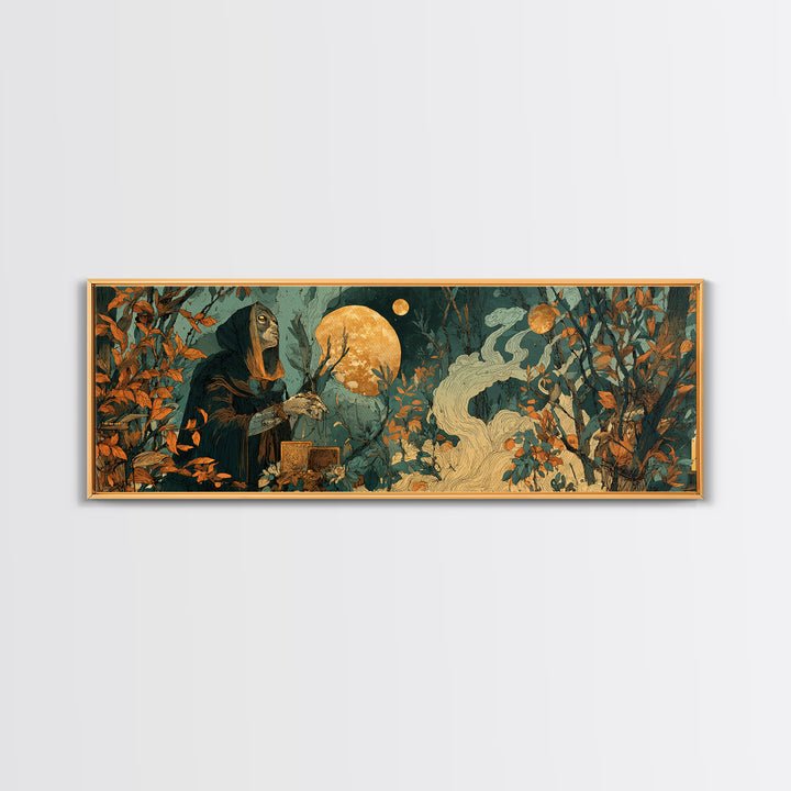 The Harvest Moon Tarot Reader - Surreal Celestial Vision, Occult Wall Decor, Extra Wide Wall Art, Canvas Print, Halloween Home Decor