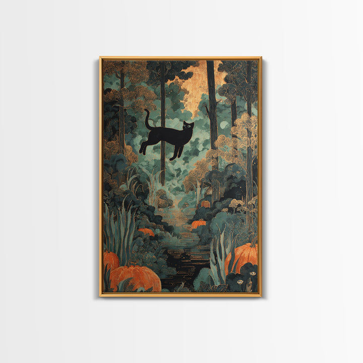 The Black Cat Constellation - Icon Portrait, Macabre Halloween Art, Vertical Wall Art, Framed Canvas Print, Halloween Home Decor