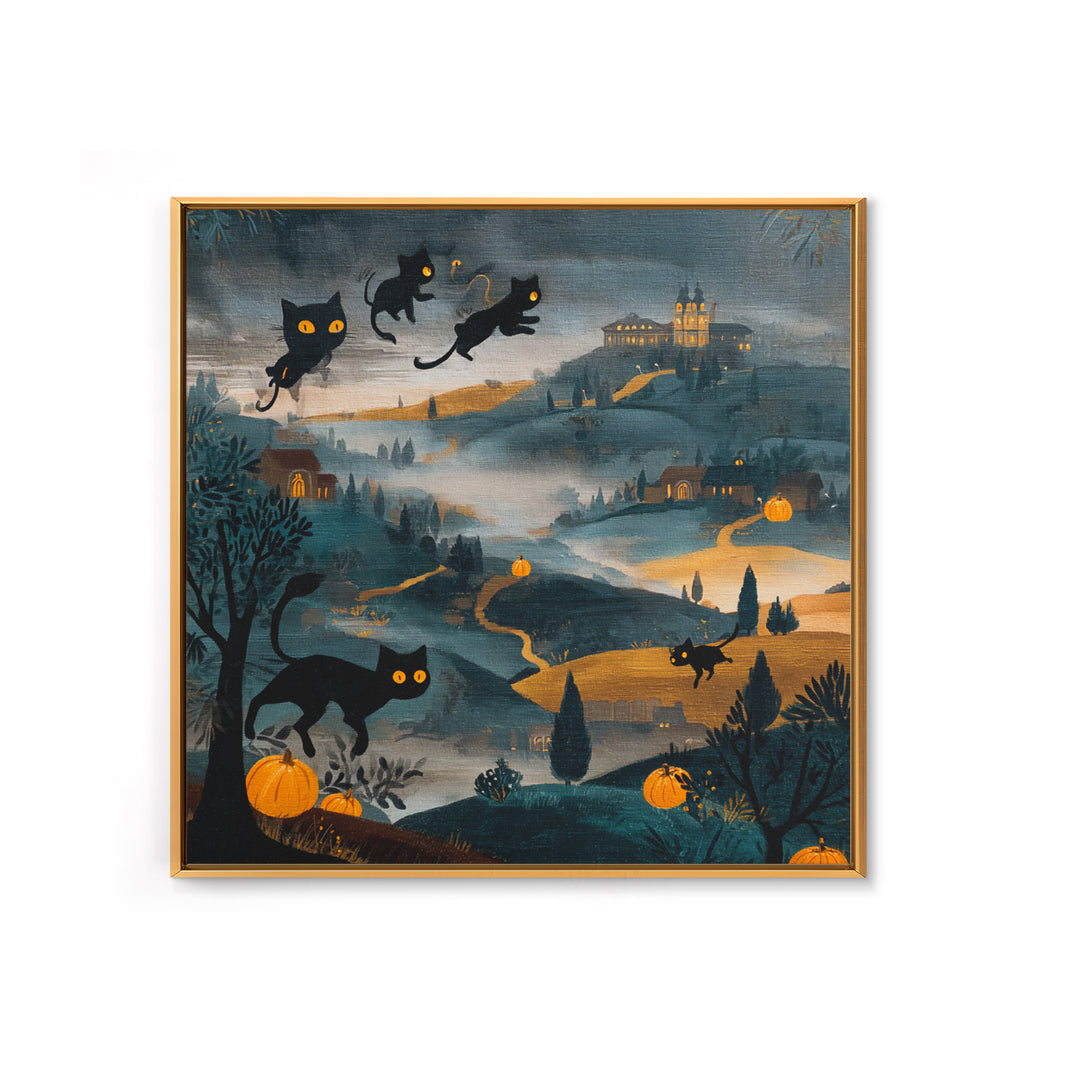 The Black Cat Constellation - Environmental Panorama, Halloween Wall Art, Square Wall Art, Framed Canvas Print, Halloween Home Decor
