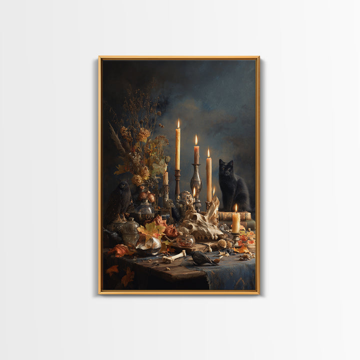 The Black Cat Constellation - Occult Still Life, Spooky Wall Decor, Vertical Wall Art, Framed Canvas Print, Halloween Home Decor