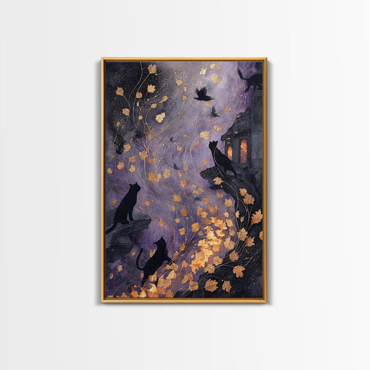 The Black Cat Constellation - Procession Scene, Halloween Wall Art, Vertical Wall Art, Framed Canvas Print, Halloween Home Decor