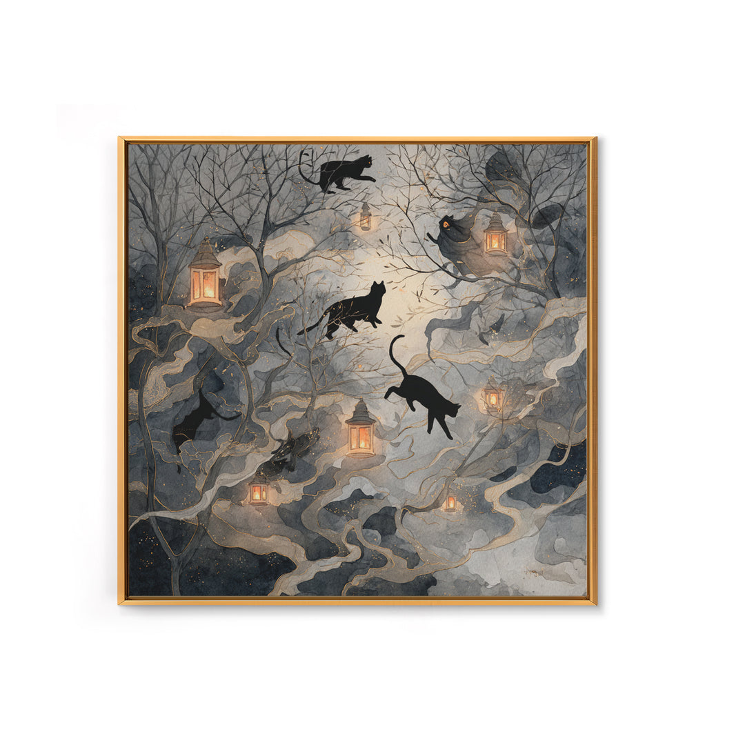 The Black Cat Constellation - Procession Scene, Macabre Halloween Art, Square Wall Art, Framed Canvas Print, Halloween Home Decor