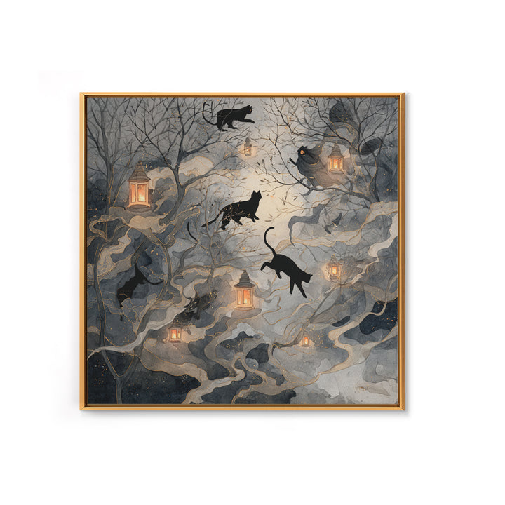 The Black Cat Constellation - Procession Scene, Macabre Halloween Art, Square Wall Art, Framed Canvas Print, Halloween Home Decor