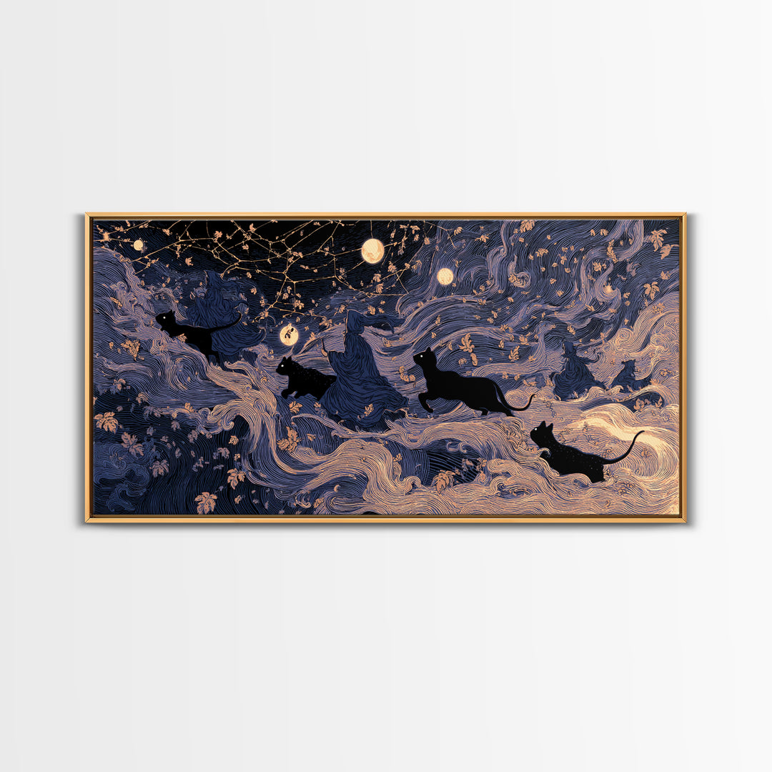 The Black Cat Constellation - Procession Scene, Occult Wall Decor, Wide Panoramic Art, Canvas Print, Halloween Home Decor, Gothic Wall Art