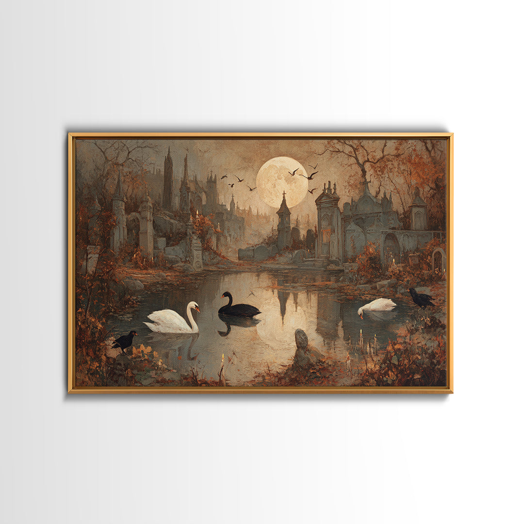 The Cemetery Swan Lake - Environmental Panorama, Occult Wall Decor, Landscape Wall Art, Canvas Print, Halloween Home Decor, Gothic Wall Art