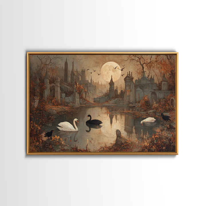 The Cemetery Swan Lake - Environmental Panorama, Occult Wall Decor, Landscape Wall Art, Canvas Print, Halloween Home Decor, Gothic Wall Art