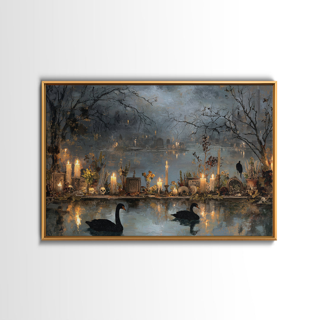 The Cemetery Swan Lake - Occult Still Life, Dark Fantasy Wall Art, Landscape Wall Art, Canvas Print, Halloween Home Decor, Gothic Wall Art