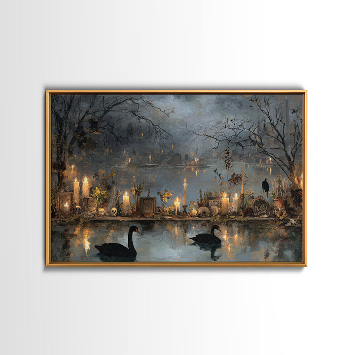 The Cemetery Swan Lake - Occult Still Life, Dark Fantasy Wall Art, Landscape Wall Art, Canvas Print, Halloween Home Decor, Gothic Wall Art