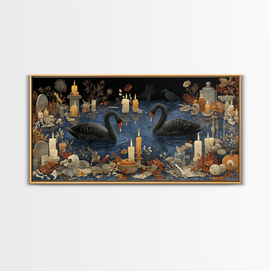 The Cemetery Swan Lake - Occult Still Life, Halloween Wall Art, Wide Panoramic Art, Framed Canvas Print, Halloween Home Decor