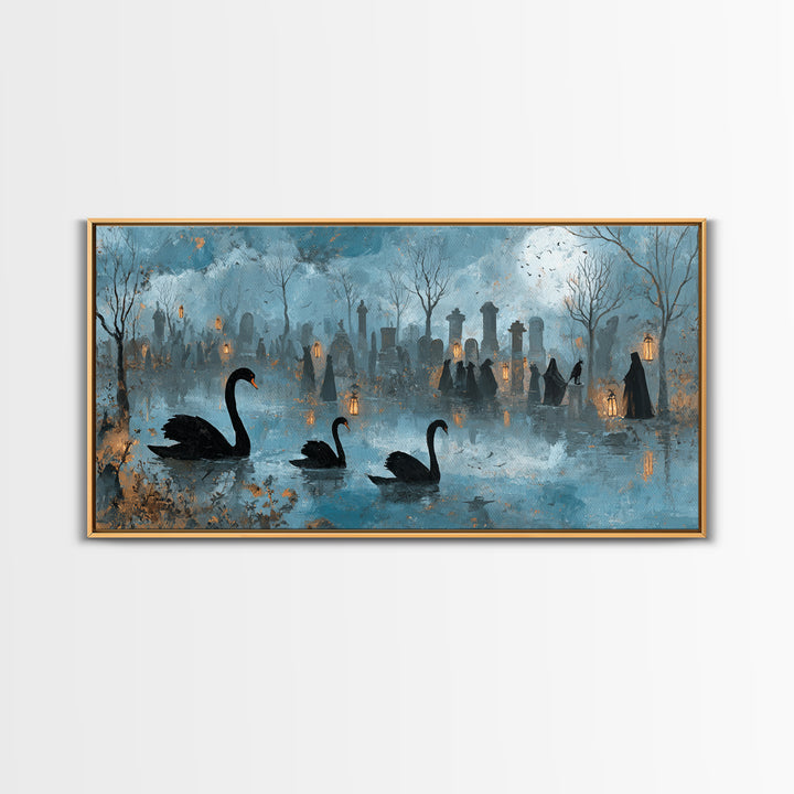 The Cemetery Swan Lake - Procession Scene, Spooky Wall Decor, Wide Panoramic Art, Framed Canvas Print, Halloween Home Decor, Gothic Wall Art